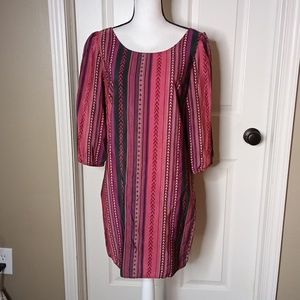 Fab'rik Striped Red Design Dress Full Zip Back Puff Sleeves Sz. Large